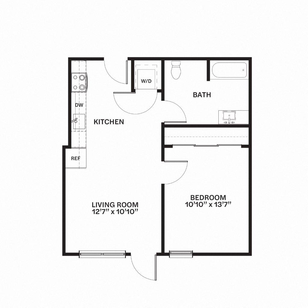 Floor plan for 1 bed, 1 bath, 645 sqft